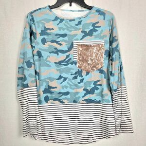 Womens Camo Stripe Long Sleeve Sequin Pocket Top S